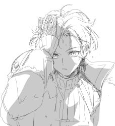  1boy coat commentary_request earrings fur-trimmed_coat fur-trimmed_sleeves fur_trim genshin_impact gloves greyscale hair_slicked_back hand_in_own_hair highres illuga_(genshin_impact) jewelry long_sleeves looking_at_viewer male_focus mole mole_under_eye monochrome multicolored_hair open_clothes open_coat rghlldxbox1254 single_earring sketch sleeveless sleeveless_turtleneck solo streaked_hair sweater turtleneck turtleneck_sweater upper_body wet wet_clothes wet_hair white_background 