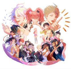  6+boys 6+girls animal_bag bag black_bow black_hair blonde_hair bow braid breasts brown_hair brown_skirt cat_bag collared_shirt commentary_request danganronpa:_trigger_happy_havoc danganronpa_(series) danganronpa_2:_goodbye_despair dress enoshima_junko flipped_hair green_jacket hair_bow hair_horns hair_ornament hanamura_teruteru highres hinata_hajime hood hooded_jacket jacket koizumi_mahiru komaeda_nagito kuzuryu_fuyuhiko long_hair long_sleeves looking_at_viewer medium_hair mioda_ibuki multicolored_hair multiple_boys multiple_girls nanami_chiaki nidai_nekomaru orenorenji owari_akane pekoyama_peko piercing pink_bag pink_eyes pink_hair ribbon sailor_collar saionji_hiyoko school_uniform shirt short_hair short_sleeves simple_background skirt smile soda_kazuichi sonia_nevermind streaked_hair tanaka_gundham togami_byakuya_(danganronpa_2) tsumiki_mikan white_hair white_shirt 