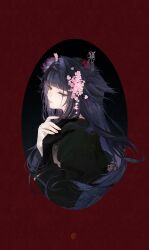  1girl absurdres arknights black_hair black_kimono blue_eyes blunt_bangs border eyeliner flower from_side hair_flower hair_intakes hair_ornament hair_stick hair_wings half-closed_eyes hand_on_own_shoulder highres japanese_clothes kanzashi kimono limogoat11 long_hair long_sidelocks looking_at_viewer makeup mio_(arknights) outside_border oval_border pink_flower red_background seal_impression sidelocks single_extra_arm solo upper_body 