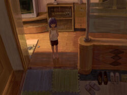  1girl an_yb arm_at_side arm_behind_back barefoot black_shorts cabinet crt drawer from_above full_body highres indoors original phone rug shoes short_hair shorts solo standing tank_top white_tank_top wide_shot wooden_floor 