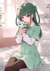  1girl absurdres bedroom birthday commentary_request cream_(nipakupa) curtains dress green_dress green_hair highres ikizulive!_love_live!_bluebird love_live! on_bed pantyhose plant potted_plant sitting solo stuffed_animal stuffed_toy twintails yamada_midori 