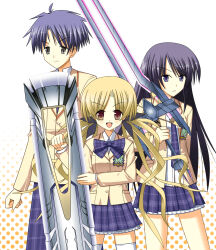  1boy 2000s_(style) 2girls :d alternate_eye_color aoi_sena bare_legs black_ribbon blazer blonde_hair blue_hair bow bowtie brown_eyes brown_jacket chaos;head clenched_hand collared_shirt commentary_request d-sword dress_shirt grey_eyes holding holding_sword holding_weapon huge_weapon jacket long_hair looking_at_viewer miniskirt mizunashi_tomo multiple_girls multiple_hair_ribbons necktie nishijou_takumi open_clothes open_collar open_jacket open_mouth orihara_kozue pants petite petticoat plaid_bow plaid_bowtie plaid_clothes plaid_necktie plaid_pants plaid_skirt purple_bow purple_bowtie purple_hair purple_necktie purple_pants purple_skirt ribbon school_emblem school_uniform science_adventure shirt short_hair skirt smile suimei_academy_school_uniform sword thigh-highs thighs tongue twintails very_long_hair violet_eyes weapon white_shirt white_thighhighs winter_uniform zettai_ryouiki 