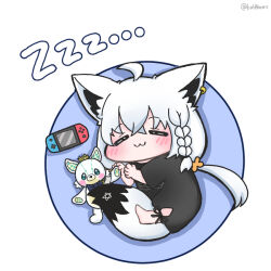 :3 =_= ahoge animal_ears between_legs blush braid chibi chibi_only closed_mouth commentary_request curled_up facing_viewer fox_ears fox_girl fox_tail from_above hololive kahasemis lying nintendo_switch on_floor on_side shirakami_fubuki shirakami_fubuki_(loungewear) single_braided_sidelock sleeping stuffed_animal stuffed_toy tail tail_between_legs twitter_username white_hair zzz 
