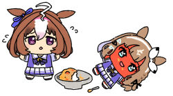  +_+ 2girls ahoge almond_eye_(umamusume) animal_ears blue_eyes blush bow bowl braid brown_hair chestnut_mouth chibi commentary_request curry curry_rice ear_bow ear_ribbon flying_sweatdrops food food_on_face full-face_blush horse_ears horse_girl horse_tail jazz_jack meisho_doto_(umamusume) multicolored_hair multiple_girls on_ground open_mouth purple_ribbon purple_shirt ribbon rice school_uniform shirt short_hair short_sleeves simple_background skirt smile spicy spoon streaked_hair summer_uniform tail tracen_school_uniform umamusume violet_eyes white_background white_bow white_hair white_skirt 