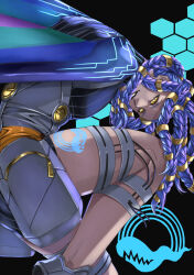  1boy black_background blue_background braid cielo_(dds) commentary digital_devil_saga english_commentary highres leg_tattoo legband looking_at_viewer merchandise_available multiple_braids partial_transformation smile tattoo thigh_strap two-tone_background yellow_eyes zeruzeru 