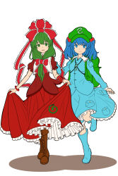  2girls backpack bag blue_boots blue_eyes blue_hair boots bow brown_boots commentary_request frilled_bow frilled_skirt frills full_body green_bag green_eyes green_hair green_hat hair_bobbles hair_bow hair_ornament hat highres holding_own_skirt kagiyama_hina kawashiro_nitori key knee_boots long_sleeves looking_at_viewer multiple_girls open_mouth puffy_short_sleeves puffy_sleeves red_bow red_ribbon red_shirt red_skirt ribbon rubber_boots shirt short_sleeves simple_background skirt smile tatara_katsusan touhou two_side_up white_background wrist_ribbon 