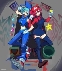  2girls absurdres animal_ears animal_hood aqua_belt aqua_eyes aqua_hair belt black_overalls black_thighhighs blue_eyes blue_hair blue_jacket blue_pants breasts brown_shoes chaos_emerald closed_mouth coin copyright_logo cosplay crop_top double-parted_bangs drill_hair fake_animal_ears full_body gloves green_hill_zone hair_between_eyes hatsune_miku hatsune_miku_(sonic_style) highres holding holding_coin holding_jewelry holding_ring hood jacket jewelry kasane_teto ksayyn logo long_sleeves looking_at_viewer mario mario_(cosplay) medium_breasts midriff miniskirt multiple_girls navel nintendo number_tattoo official_alternate_hairstyle open_mouth overalls pants pink_shirt red_eyes red_hair red_shirt red_shoes ring sega shirt shoes short_hair sidelocks skindentation skirt sleeveless sleeveless_jacket sonic_(series) sonic_the_hedgehog super_mario_bros. super_star_(mario) tattoo thigh-highs triangle_mouth twin_drills twitter_username utau vocaloid warp_pipe white_gloves zipper_pull_tab 
