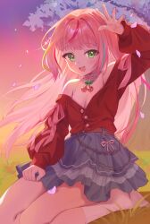  1girl :d arm_up bare_shoulders blue_hair branch breasts chobi_(penguin_paradise) commentary_request floating_hair green_eyes grey_skirt hanako_nana highres jacket layered_skirt long_hair long_sleeves looking_at_viewer multicolored_hair outdoors petals pink_hair puffy_long_sleeves puffy_sleeves red_hair red_jacket shirt skirt sleeveless sleeveless_shirt small_breasts smile solo stellive streaked_hair sunset very_long_hair virtual_youtuber white_shirt 