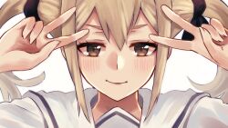  1girl black_ribbon blonde_hair blush brown_eyes chuo_tanegashima_high_school_uniform close-up commentary_request double_v koujiro_frau lips long_hair looking_at_viewer multiple_hair_ribbons portrait pose_request ribbon robotics;notes sailor_collar satuki_(jo4pr8) school_uniform science_adventure sidelocks simple_background smile solo summer_uniform twintails two_side_up v 