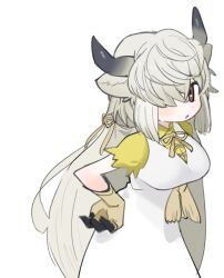  :o animal_ears blonde_hair breasts brown_eyes commentary_request dress gloves hair_over_one_eye hands_on_own_hips horns kemono_friends kemono_friends_3 kokaki_mumose neck_ribbon polo_shirt ribbon shirt short_sleeves simple_background sleeveless sleeveless_dress twintails undershirt white_background white_dress yak_(kemono_friends) yellow_ribbon yellow_shirt 