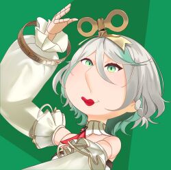  1girl ascot cecilia_immergreen cecilia_immergreen_(1st_costume) cecilia_immergreen_(cosplay) closed_mouth cosplay detached_sleeves doll_joints family_guy green_background green_eyes green_hair grey_hair hair_between_eyes highres hololive hololive_english joints lois_griffin looking_at_viewer red_ascot red_lips romper sethhhlhhh smile solo virtual_youtuber white_romper 