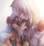  1boy 1girl animal_ears armor black_gloves black_hair cat_ears chest_jewel closed_eyes closed_mouth commentary_request gem gloves grey_hair hands_on_another&#039;s_head hetero highres hug long_hair m_(xenoblade) n_(xenoblade) profile red_gloves smile ui_frara very_long_hair white_background xenoblade_chronicles_(series) xenoblade_chronicles_3 