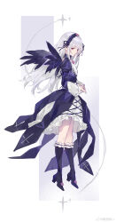  1girl absurdres anwuheren blue_boots blue_dress blue_hairband boots chinese_commentary commentary_request dress frilled_boots frills from_side full_body hairband highres juliet_sleeves long_hair long_sleeves looking_at_viewer own_hands_together puffy_sleeves red_eyes rozen_maiden solo suigintou two-tone_dress watermark weibo_watermark white_dress white_hair 