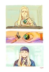  1girl age_progression alien artist_name commentary earth_(planet) eva_stratt figure highres long_hair mtnb_tbti old old_woman planet project_hail_mary rocky_(project_hail_mary) signature solo 