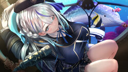  1girl absurdres amagai_ruka arms_behind_head arms_up barona beret black_hat blue_eyes blue_hair blue_jacket blue_ribbon blue_streaks blurry blush braid breasts collared_shirt commentary_request depth_of_field dolphin fish from_above gloves hair_between_eyes half_crown_braid hat highres jacket large_breasts long_hair looking_at_viewer moorish_idol multicolored_hair neck_ribbon plaid_clothes plaid_skirt pleated_skirt ribbon round_window shirt sitting skirt solo streaked_hair tropical_fish virtual_youtuber weather_planet white_gloves white_hair white_shirt window 