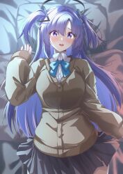  1girl absurdres alternate_costume black_halo black_skirt blue_archive blue_bow blue_bowtie blush bow bowtie breasts brown_cardigan cardigan collared_shirt commentary_request cowboy_shot hair_ornament halo head_on_pillow highres katou_shin'ya_(gingin_power) large_breasts long_hair long_sleeves looking_at_viewer lying mechanical_halo on_back open_mouth pillow pleated_skirt purple_hair purple_halo school_uniform shirt skirt sleeves_past_wrists smile solo twitter_username two_side_up violet_eyes white_shirt yuuka_(blue_archive) 