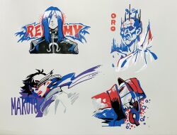  1girl 4boys abstract armor bishounen black_hair black_jacket blank_eyes blue_eyes blue_hair bubble character_name clenched_teeth closed_mouth coat colored_sclera cropped_shoulders crown fangs fedora from_side hair_between_eyes hat highres jacket limited_palette long_hair looking_at_viewer makoto_(street_fighter) male_focus multiple_boys one_eye_covered open_mouth oro_(street_fighter) q_(street_fighter) red_eyes remy_(street_fighter) robot scarf sharp_teeth short_hair simple_background solo spot_color street_fighter street_fighter_iii_(series) teeth toubankaware traditional_media turtle upper_body white_background white_eyes white_jacket 