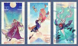  ahoge animal_costume animal_ears black_hair blonde_hair blue_hoodie blue_kimono cho_kaguya-hime! commentary crescent crescent_hair_ornament fine_art_parody flying fox_costume fox_ears fushi_(cho_kaguya-hime!) green_eyes hair_ornament hair_rings hair_stick highres hood hoodie inudoge japanese_clothes kaguya_(cho_kaguya-hime!) kimono long_hair lop_rabbit_ears moon mount_fuji multicolored_hair multiple_girls nihonga open_mouth parody rabbit_ears red_kimono runami_yachiyo sakayori_iroha sea_slug shirt smile twintails umbrella_octopus untranslatable_commentary white_hair wss_(nicoseiga19993411) yuri 