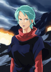  1980s_(style) 1girl angry aqua_hair battle clouds cloudy_sky commentary_request destruction explosion fake_screenshot four_murasame green_eyes gundam highres light_frown looking_at_viewer masunikuru mount_kilimanjaro open_mouth purple_lips retro_artstyle science_fiction serious sky solo spoilers zeta_gundam 