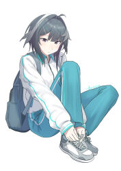  1girl absurdres alternate_costume arknights backpack bag black_eyes black_hair blue_pants chinese_commentary closed_mouth collared_jacket commentary english_commentary full_body grey_shoes hair_ornament hairclip highres jacket la_pluma_(arknights) mixed-language_commentary pants quietmrcat shoes short_hair simple_background sitting sleeves_past_wrists solo tying_footwear white_background white_jacket 