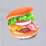  artist_name bacon bun_(food) burger cheese food food_focus grey_background kuboitomoko lettuce meat no_humans original outline painting_(medium) shadow simple_background still_life tomato traditional_media watercolor_(medium) white_outline 