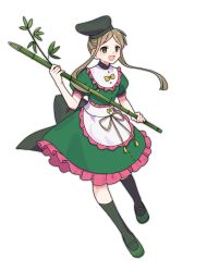  1girl absurdres apron asymmetrical_legwear back_bow bamboo black_socks bow commentary_request dress frilled_dress frills full_body green_bow green_dress green_eyes green_hair green_hat green_shoes green_socks hat highres holding holding_plant kneehighs long_hair looking_at_viewer mary_janes mismatched_legwear nnn_lu one-hour_drawing_challenge open_mouth plant puffy_short_sleeves puffy_sleeves shoes short_hair_with_long_locks short_sleeves simple_background smile socks solo teireida_mai touhou waist_apron white_apron white_background 