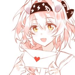  1girl :d arknights black_hairband chinese_commentary commentary_request goldenglow_(arknights) hair_between_eyes hairband heart holding holding_letter letter light_blush lightning_bolt_print looking_at_viewer love_letter medium_hair open_mouth pink_hair portrait shuilian90953 simple_background sketch smile solo white_background white_hair yellow_eyes 