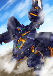  absurdres advance_of_zeta alternate_form beam_rifle clip_studio_paint_(medium) clouds cloudy_sky commentary_request derivative_work dutch_angle energy_gun flying glowing glowing_eyes gorudoran green_eyes gundam gundam_tr-1_hazel hazel_custom_gundam highres lens_flare mecha mecha_focus mobile_suit no_humans robot science_fiction shield sky thrusters titans_(gundam) v-fin weapon 