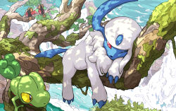  absol aomon_(yuuji7604) bird colored_sclera colored_skin commentary_request crawling gecko green_skin horns lying moss multicolored_feathers no_humans perched pokemon pokemon_(creature) red_eyes river single_horn spearow tail tree treecko water waterfall white_fur yellow_sclera 