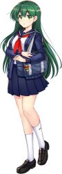 1girl alternate_costume bag bag_charm blue_bag blue_jacket blue_serafuku blue_skirt breasts brown_shoes character_charm charm_(object) contemporary full_body game_asset green_eyes green_hair highres hisou_tensoku jacket kneehighs kochiya_sanae large_breasts loafers long_hair looking_at_viewer neckerchief official_art pleated_skirt red_neckerchief rotte_(1109) school_bag school_uniform serafuku shirt shoes shoulder_bag simple_background skirt socks solo third-party_source touhou touhou_lostword transparent_background very_long_hair white_shirt white_socks 
