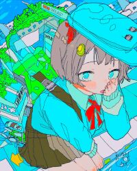  1girl aqua_eyes backpack bag bakui02 blue_eyes blue_hair blue_theme blush bow building bus cityscape collared_shirt colorful commentary dutch_angle from_above grey_hair hair_ornament hand_to_own_mouth hat highres lineart long_sleeves looking_at_viewer motor_vehicle original oversized_hat plant pleated_skirt psychedelic red_bow shirt short_hair sign signature sitting skirt solo suspenders sweater train untranslatable_commentary vest 