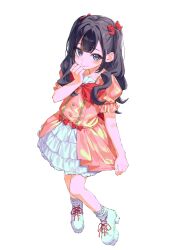  1girl absurdres black_hair blush bow check_copyright copyright_request dress flat_chest frilled_dress frills full_body grey_eyes highres long_hair looking_at_viewer original pink_dress platform_shoes shoes short_sleeves simple_background smile solo white_background yu1_na12 