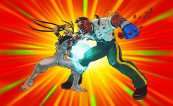  1boy 1girl bandages barefoot battle black_hair blood blood_on_clothes blood_on_face blue_gloves boxing_gloves bruise clothing_cutout cuts dark_skin defeat dougi dudley duel fighting fighting_stance fingerless_gloves flower gloves hair_pulled_back highres hip_vent ibuki_(street_fighter) in_the_face injury kunai long_hair mask mouth_mask necktie ninja pants petals punching rose rose_petals steven_mack street_fighter street_fighter_iii_(series) toeless_legwear toes torn_clothes weapon 