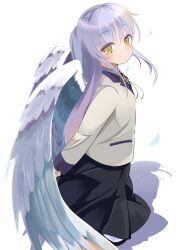  1girl angel angel_beats! angel_wings arms_behind_back black_skirt blush brooch closed_mouth commentary cowboy_shot eyes_visible_through_hair feathered_wings from_side grey_hair hair_between_eyes hat highres jewelry long_hair long_sleeves looking_at_viewer neck_ribbon pleated_skirt ponytail ribbon salmon_rise0141 school_uniform shadow short_ponytail sidelocks simple_background skirt solo tachibana_kanade tokin_hat white_background white_wings wings yellow_eyes yellow_pupils yellow_ribbon 