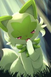  :3 commentary_request grass half-closed_eyes hand_up highres licking licking_self light_rays looking_down no_humans open_mouth outdoors paid_reward_available pokemon pokemon_(creature) pokemon_focus red_eyes rumine_(yoshi1234567) sitting smile solo sprigatito sunlight tongue tongue_out 