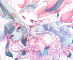  animal_focus blue_fur blue_sclera clothed_pokemon colored_sclera commentary_request dress evolutionary_line glaceon no_humans pink_fur pokemon pokemon_(creature) pokemon_focus pyon_ko sylveon two-tone_fur white_fur 
