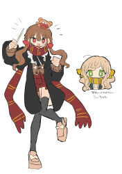  2girls :d absurdres black_coat black_thighhighs blonde_hair blush_stickers bright_pupils brown_cardigan brown_hair brown_shoes cardigan chibi closed_mouth coat commentary_request cropped_torso dot_nose full_body green_eyes hair_between_eyes highres leg_up long_hair long_sleeves looking_at_viewer miniskirt multiple_girls open_clothes open_coat open_mouth original pleated_skirt red_eyes red_scarf red_skirt scarf shoes simple_background skirt smile standing standing_on_one_leg striped_clothes striped_scarf thigh-highs translation_request uenae_chiyiro white_background white_pupils zettai_ryouiki 