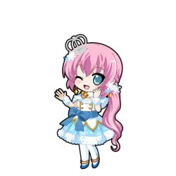  1girl ;d anklet aqua_eyes argyle_clothes argyle_pantyhose blue_dress blue_shoes blush bow chibi chibi_only crown dress earrings flats fur-trimmed_dress fur_trim hair_ornament hands_up hatsune_miku_graphy_collection jewelry long_hair low_ponytail megurine_luka mini_crown one_eye_closed pantyhose pink_hair ponytail shoes smile snowflake_hair_ornament snowflake_print solo standing transparent_background very_long_hair vocaloid waist_bow white_pantyhose 