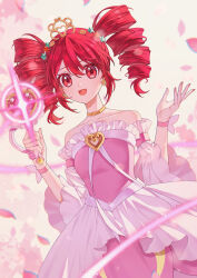 1girl :d absurdres ahoge anamnesis123 back_bow bare_shoulders blurry blurry_background bow brooch choker collarbone commentary depth_of_field detached_sleeves dress dress_ribbon drill_hair dutch_angle earrings english_commentary falling_petals fine_(futagohime) fine_(universal_princess)_(futagohime) fingernails flower frilled_dress frilled_sleeves frills fushigiboshi_no_futago_hime fushigiboshi_no_futago_hime_gyu gold_choker gold_earrings gold_tiara hair_between_eyes hair_ornament hands_up happy_bell_stick heart heart_brooch highres hime_lolita holding holding_wand jewelry layered_dress light_trail lolita_fashion long_hair looking_at_viewer magical_girl off-shoulder_dress off_shoulder open_mouth petals pink_dress pink_petals red_eyes red_hair ribbon smile solo sparkle star_(symbol) star_earrings star_hair_ornament strapless strapless_dress tiara twin_drills upper_body wand white_background white_bow white_flower white_ribbon wide_sleeves wrist_flower 