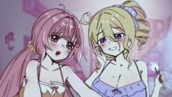  absurdres blonde_hair blush bow breasts commentary drill_hair english_commentary heartsync highres kumu_cotton large_breasts locket(heartsync) mole mole_on_breast mole_under_mouth multicolored_hair open_mouth orange_eyes pink_hair ponytail purple_nails siena_olena siena_olena_(artist) sleepwear small_breasts smile streaked_hair two-tone_hair violet_eyes white_hair 