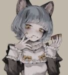  1girl :3 alternate_costume animal_ear_fluff animal_ears bell black_dress blue_hair blunt_bangs blush bow cat_ears cat_girl curly_hair dress eating enmaided fingernails food food_on_face frilled_cuffs frills grey_background grey_hair hand_on_own_face hands_up head_tilt highres holding holding_food juliet_sleeves licking licking_lips light_smile long_sleeves looking_down maid manuka_x_x muted_color nail_polish neck_bell neck_ruff nina_(valis) puffy_sleeves short_hair simple_background solo tongue tongue_out upper_body valis_(sinsekai) wrist_cuffs yellow_bow yellow_eyes yellow_nails 