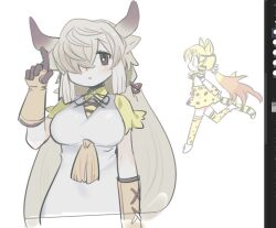  2girls animal_ears art_program_in_frame blonde_hair bow bowtie brown_bow brown_bowtie brown_ribbon cat_ears cat_girl cat_tail commentary_request cow_ears cow_girl cow_horns from_side geoffroy's_cat_(kemono_friends) hair_over_one_eye horns kemono_friends kemono_friends_3 kokaki_mumose multicolored_horns multiple_girls print_sleeves ribbon shirt suspenders tail twintails white_background yak_(kemono_friends) yellow_shirt 