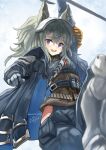  1girl :d animal_ear_fluff animal_ears arknights arm_up armored_boots black_jacket black_pants blush boots brown_shirt collared_shirt commentary_request dress_shirt gloves grani_(arknights) grey_gloves grey_hair hair_between_eyes highres holding holding_weapon jacket knee_boots long_hair looking_at_viewer mg42cat-k1ng open_clothes open_jacket pants ponytail revision shirt smile solo teeth upper_teeth_only violet_eyes weapon 