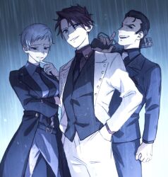 1girl 2boys arm_under_breasts belt black_coat black_hair black_necktie buttons coat collared_shirt commentary_request evil_smile father_and_child father_and_son finger_to_own_chin grey_hair gun hand_in_pocket highres holding holding_gun holding_weapon hswoimuxk0pwr0h_(bbdan) jacket mother_and_child mother_and_son multiple_boys necktie night open_mouth outdoors pants parent_and_child rain red_hair red_shirt requiem_of_the_golden_witch scene_reference shaded_face shirt short_hair sideburns smile smug spoilers suit umineko_no_naku_koro_ni ushiromiya_battler ushiromiya_kyrie ushiromiya_rudolf weapon white_jacket white_pants 