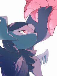  absol absurdres bright_pupils closed_mouth commentary_request harutorii highres horns looking_up mega_absol_z mega_pokemon no_humans pokemon pokemon_(creature) red_eyes simple_background single_wing white_background white_pupils wings 