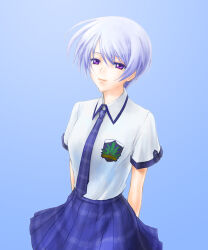  1girl arms_behind_back blue_background blue_hair breasts chaos;head kishimoto_ayase looking_up necktie plaid_clothes plaid_necktie plaid_skirt plaid_sleeves pleated_skirt purple_necktie purple_skirt purple_sleeves purple_trim robber-krzk school_emblem school_uniform science_adventure shirt_tucked_in short_hair short_sleeves skirt small_breasts smile solo suimei_academy_school_uniform summer_uniform violet_eyes 