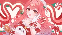  :d bell beret blush bow box budou_913 chest_bow choker christmas cookie cupid cupii's(kumu_cotton) food gem gift gift_box gloves hand_on_own_face hat heartsync jingle_bell kumu_cotton mistletoe_hair_ornament multicolored_hair orange_eyes peppermint pink_hair red_bow santa_hat smile star_pendant virtual_youtuber white_gloves white_hair wrist_bow 