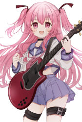  1girl :d absurdres angel_beats! black_choker blue_sailor_collar blue_skirt blush choker commentary cowboy_shot dual_wielding fang floating_hair guitar hair_between_eyes hair_ribbon hands_up happy highres holding holding_guitar holding_instrument holding_plectrum instrument llatteowo long_hair long_sleeves looking_at_viewer midriff miniskirt neckerchief no_ahoge open_mouth pink_eyes pink_hair pink_neckerchief pleated_skirt plectrum red_ribbon ribbon sailor_collar sailor_shirt shinda_sekai_sensen_uniform shirt sidelocks simple_background skin_fang skindentation skirt smile solo tareme thigh_strap thighs two_side_up very_long_hair white_background white_shirt yui_(angel_beats!) 