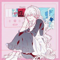  1girl alternate_color apron arrow_(symbol) blue_sky border closed_mouth clouds commentary_request diagonal-striped_background dress full_body grey_dress headphones highres invisible_floor kagerou_days_(vocaloid) kagerou_project kozakura_marry limited_palette listening_to_music long_hair looking_at_viewer looking_to_the_side media_player_interface mutou_ieneko outside_border pink_background pink_border pink_hair road_sign sign sitting sky socks solo stop_sign striped_background three-quarter_sleeves very_long_hair wavy_hair white_apron white_hair white_socks 