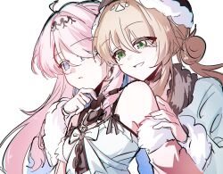  2girls ahoge bare_shoulders blue_eyes blue_hair breasts brown_hair chromatic_aberration colored_inner_hair commentary_request denia_(wuthering_waves) green_eyes hand_on_another's_chin hand_up highres korean_commentary long_hair multicolored_hair multiple_girls nivora_(wuthering_waves) ot11_to parted_lips pink_hair small_breasts smile spoilers upper_body wuthering_waves 